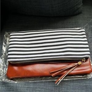 Striped Clutch with Brown Leather Accent -Funky Monkey Brand